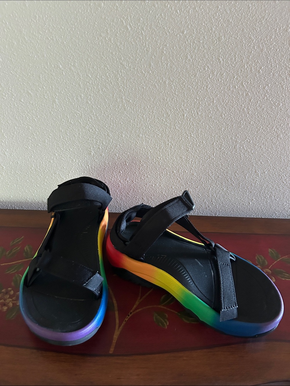 Rainbow Platform Sandals with Black Straps. Size 6
